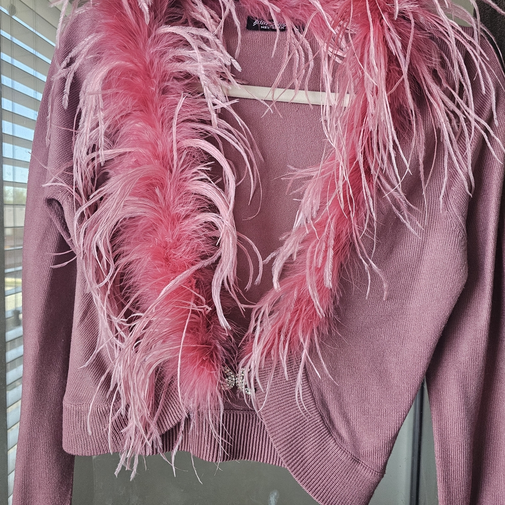 Vintage Betsey Johnson New York Mauve Cardigan with Pink Feather Trim Y2K 90s
